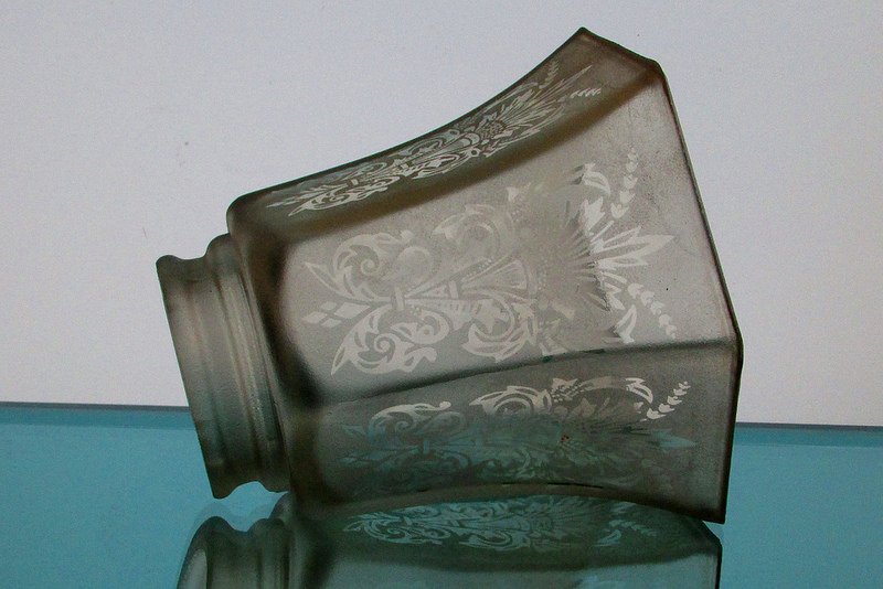Glass Lamp Shade 2 1/8 fitter Antique Satin Fleur De Lis Spray Pale Amber