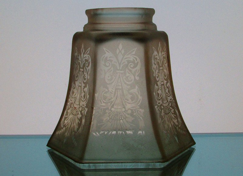 Glass Lamp Shade 2 1/8 fitter Antique Satin Fleur De Lis Spray Pale Amber