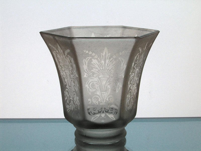 Glass Lamp Shade 2 1/8 fitter x 4 1/8 Frosted Fleur De Lis Spray