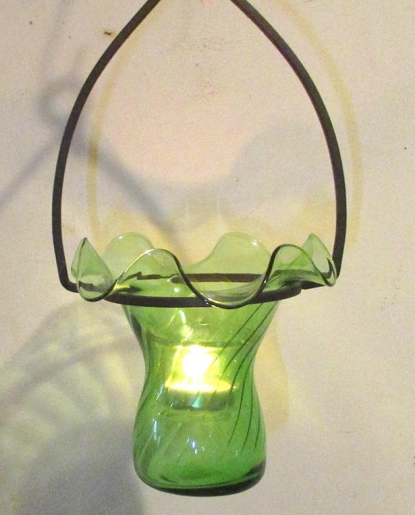 Hanging Candle Holder / Vase 6 x 5.5 Green Swirl Ruffled Rim