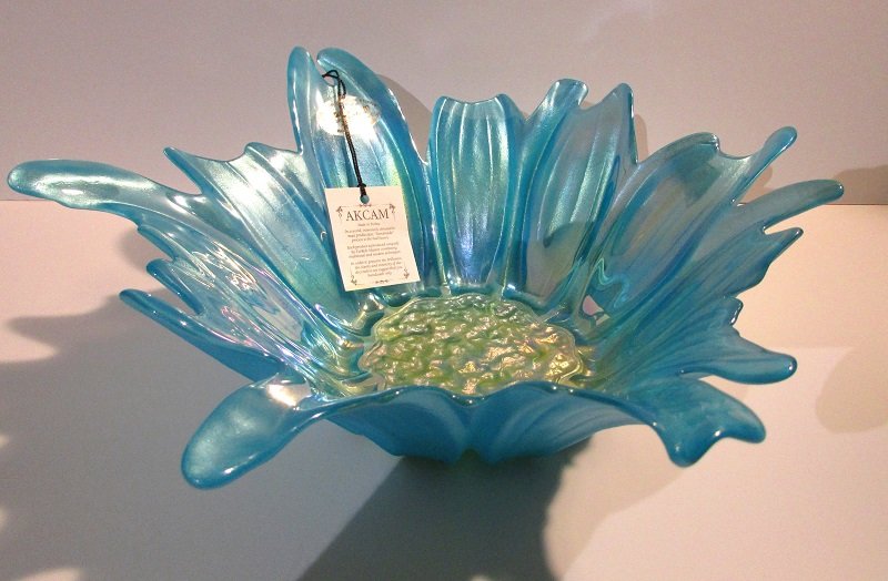 Akcam Turkish Art Glass Decorative Bowl Iridescent Blue and Gold 12