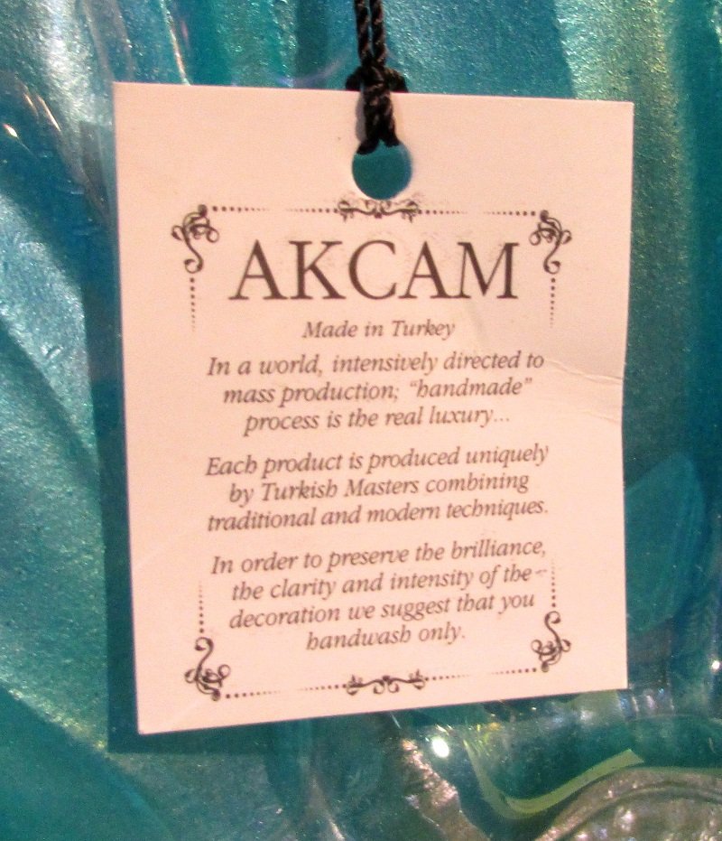 Akcam Turkish Art Glass Decorative Bowl Iridescent Blue and Gold 12 inch