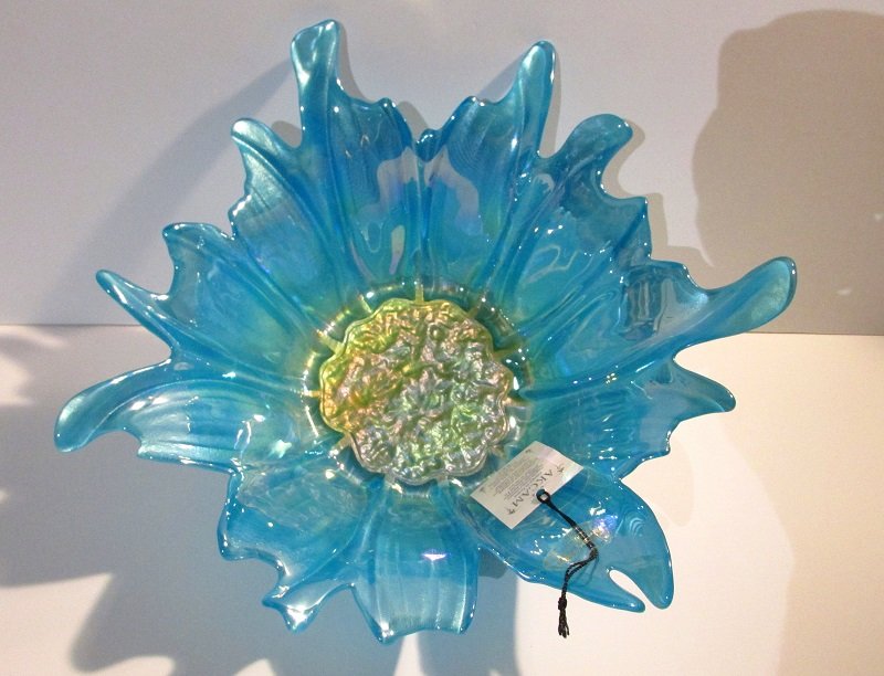 Akcam Turkish Art Glass Decorative Bowl Iridescent Blue and Gold 12