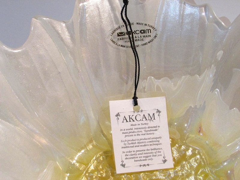 Akcam Turkish Art Glass Decorative Bowl Iridescent White and Gold 12 inch