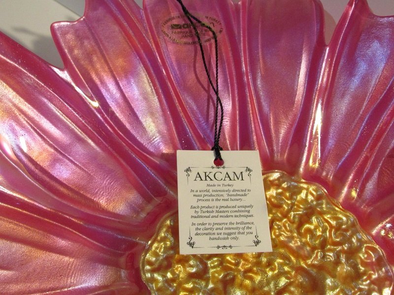 Akcam Turkish Art Glass Decorative Plate Iridescent Pink and Gold 12 inch