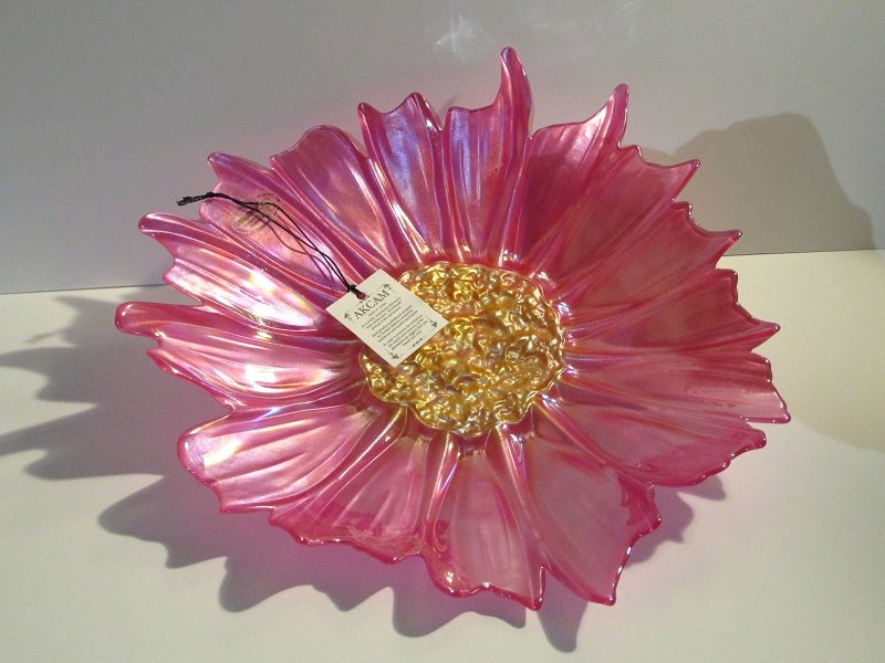 Akcam Turkish Art Glass Decorative Plate Iridescent Pink and Gold 12 inch