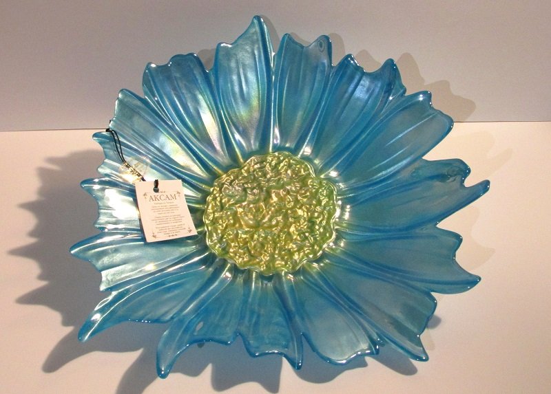 Akcam Turkish Art Glass Decorative Plate Iridescent Blue and Gold 12 inch