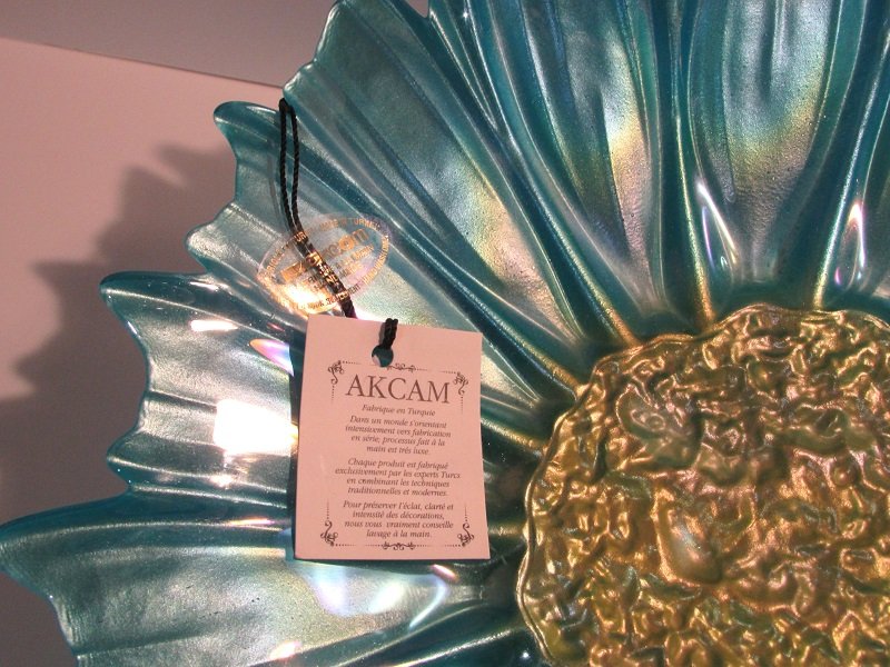 Akcam Turkish Art Glass Decorative Plate Iridescent Blue and Gold 12 inch