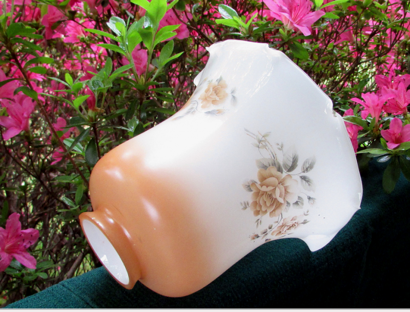 Glass Lamp Shade 2 1/8 Fitter Brown and White Floral Spray with Crimped Rim