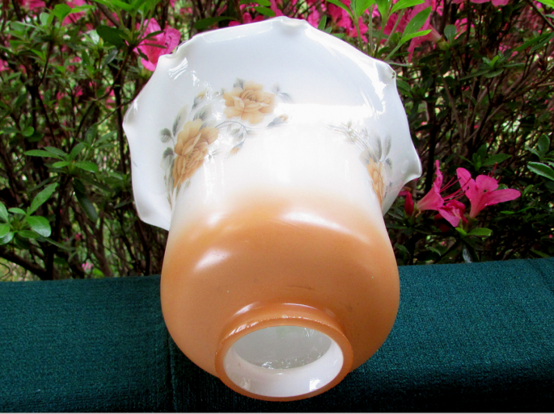 Glass Lamp Shade 2 1/8 Fitter Brown and White Floral Spray with Crimped Rim