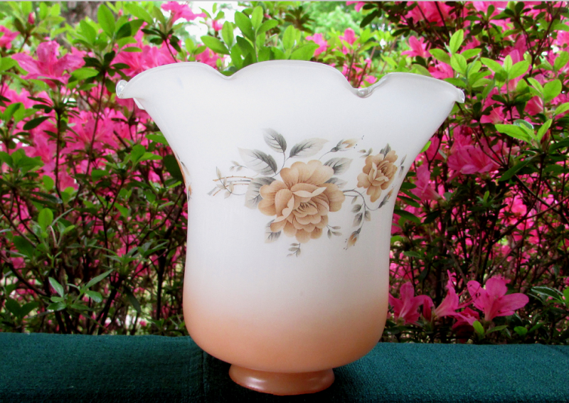 Glass Lamp Shade 2 1/8 Fitter Brown and White Floral Spray with Crimped Rim