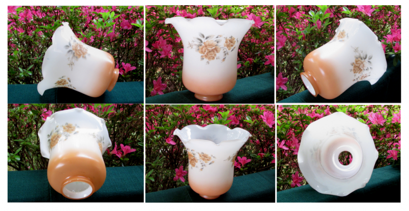 Glass Lamp Shade 2 1/8 Fitter Brown and White Floral Spray with Crimped Rim