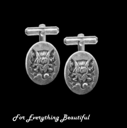 Image 0 of Thistle Design Engraved Oval Antiqued Mens Sterling Silver Cufflinks