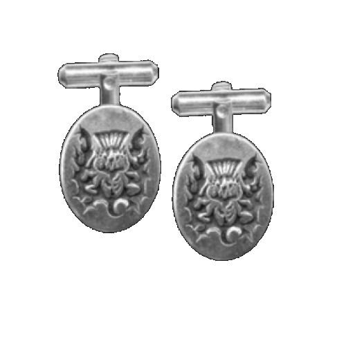 Image 1 of Thistle Design Engraved Oval Antiqued Mens Sterling Silver Cufflinks