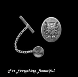 Thistle Design Engraved Oval Antiqued Mens Sterling Silver Small Tie Tack