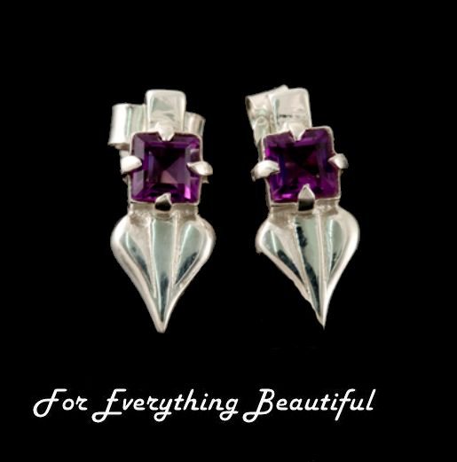 Image 0 of Glasgow Girls Art Nouveau Leaf Motif Amethyst Sterling Silver Stud Earrings