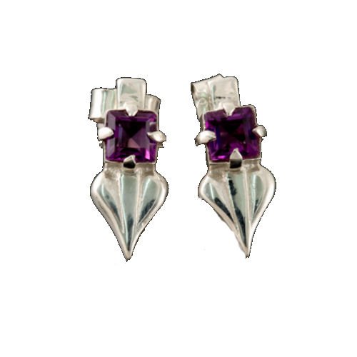 Image 1 of Glasgow Girls Art Nouveau Leaf Motif Amethyst Sterling Silver Stud Earrings