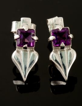 Image 2 of Glasgow Girls Art Nouveau Leaf Motif Amethyst Sterling Silver Stud Earrings