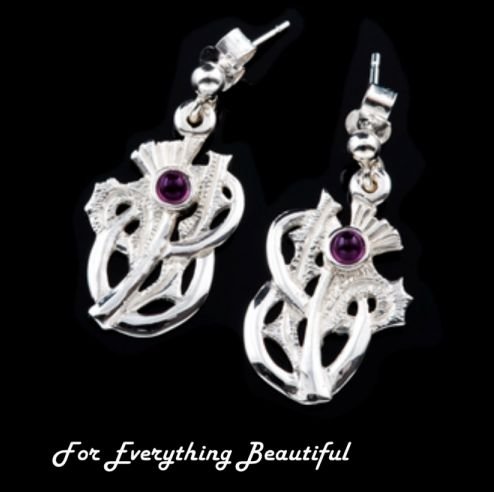 Image 0 of Thistle Amethyst Floral Emblem Sterling Silver Drop Earrings