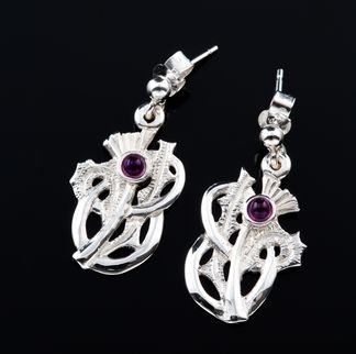 Image 1 of Thistle Amethyst Floral Emblem Sterling Silver Drop Earrings