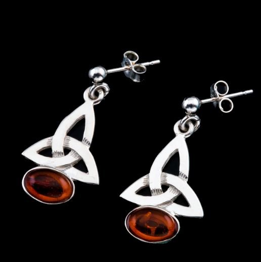 Image 0 of Celtic Trinity Knot Oval Amber Drop Sterling Silver Earrings