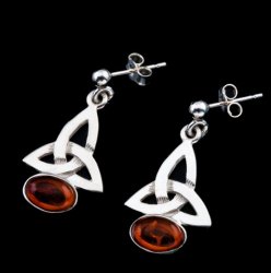 Celtic Trinity Knot Oval Amber Drop Sterling Silver Earrings