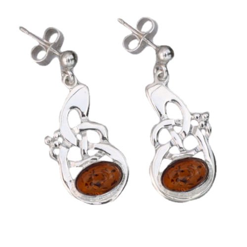 Image 1 of Celtic Knot Amber Drop Sterling Silver Drop Earrings