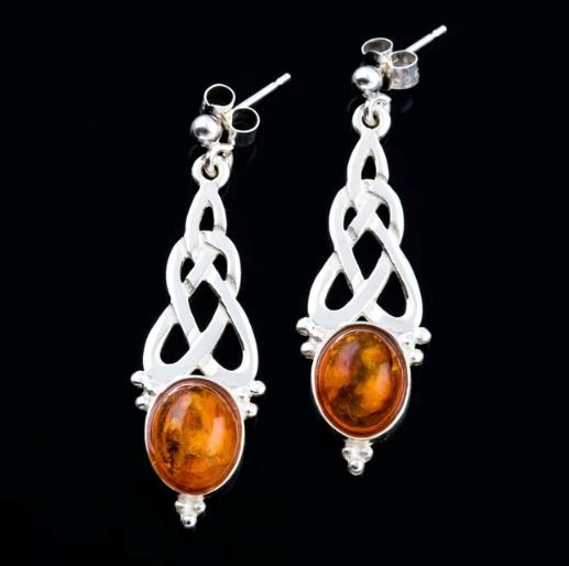 Image 0 of Celtic Knot Oval Amber Long Drop Sterling Silver Earrings