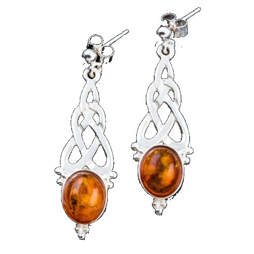 Image 1 of Celtic Knot Oval Amber Long Drop Sterling Silver Earrings
