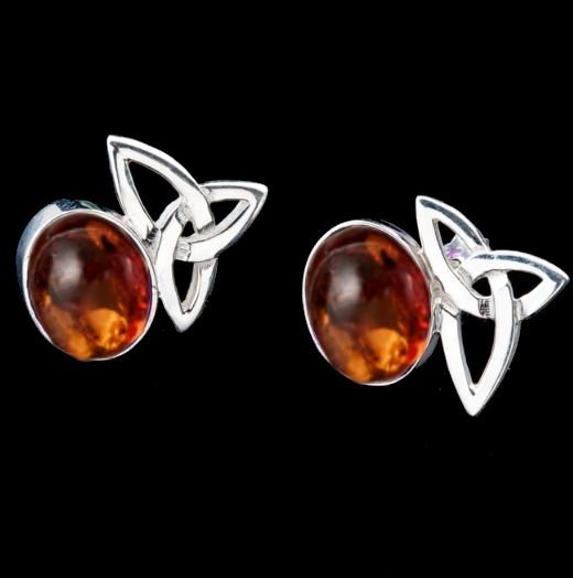 Image 0 of Celtic Star Trinity Knot Oval Amber Stud Sterling Silver Earrings