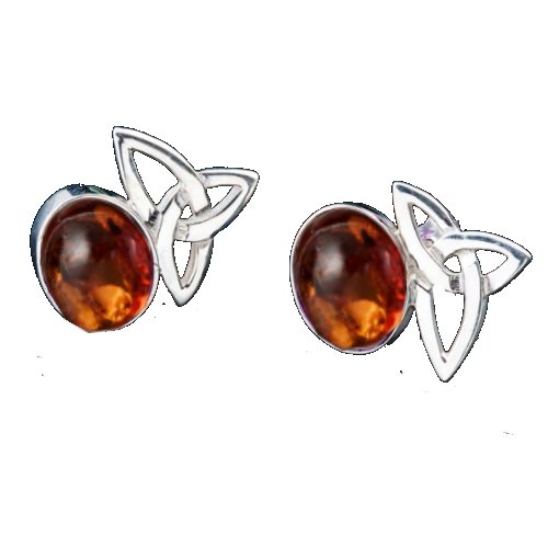 Image 1 of Celtic Star Trinity Knot Oval Amber Stud Sterling Silver Earrings