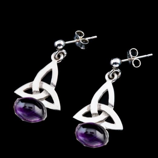 Image 0 of Celtic Trinity Knot Oval Purple Amethyst Drop Sterling Silver Earrings