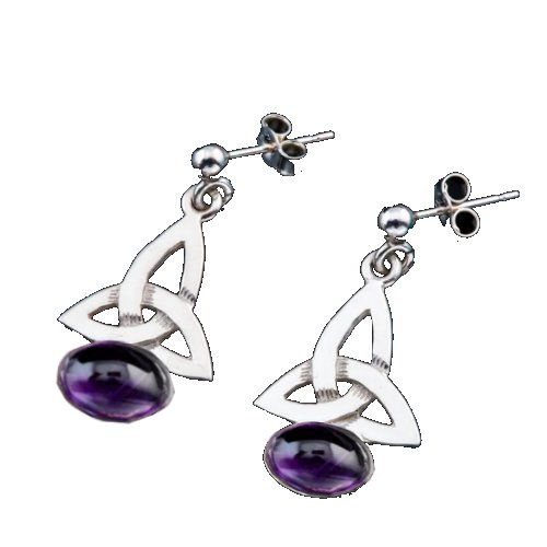 Image 1 of Celtic Trinity Knot Oval Purple Amethyst Drop Sterling Silver Earrings