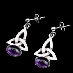 Celtic Trinity Knot Oval Purple Amethyst Drop Sterling Silver Earrings