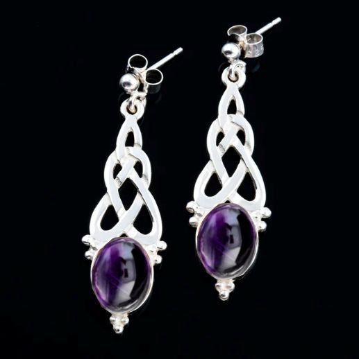 Image 0 of Celtic Knot Oval Purple Amethyst Long Sterling Silver Drop Earrings
