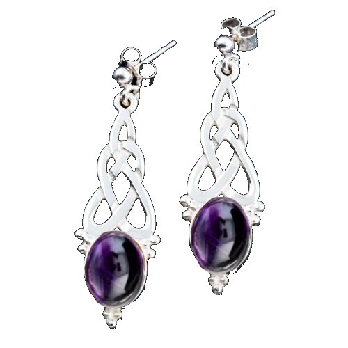 Image 1 of Celtic Knot Oval Purple Amethyst Long Sterling Silver Drop Earrings