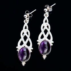 Celtic Knot Oval Purple Amethyst Long Sterling Silver Drop Earrings