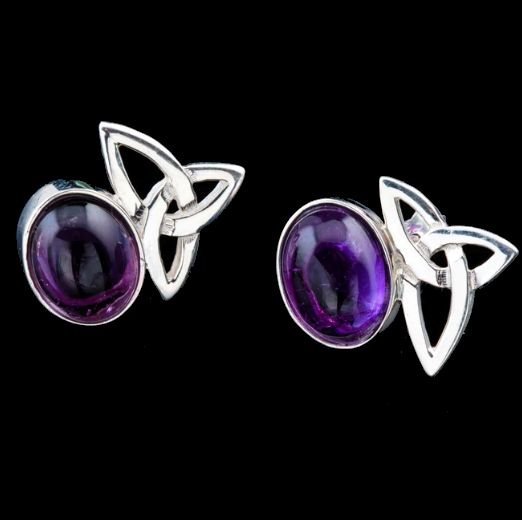 Image 0 of Celtic Star Trinity Knot Oval Purple Amethyst Stud Sterling Silver Earrings