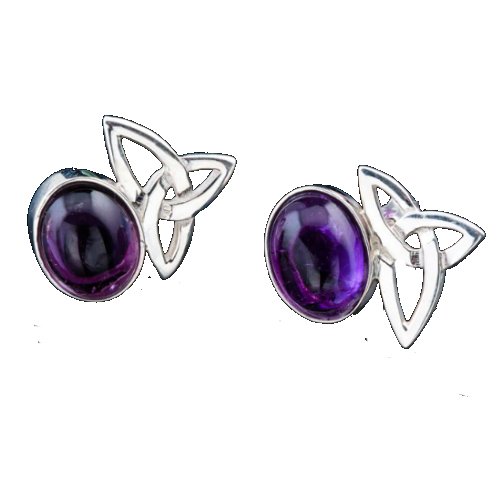 Image 1 of Celtic Star Trinity Knot Oval Purple Amethyst Stud Sterling Silver Earrings