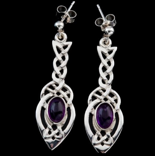 Image 0 of Celtic Knot Leaf Purple Amethyst Long Sterling Silver Drop Earrings