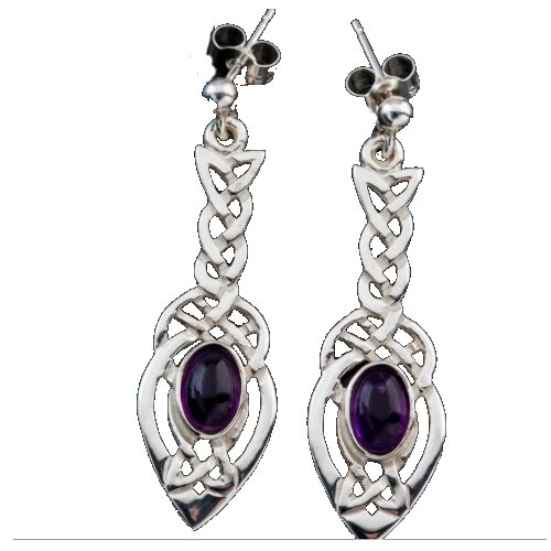 Image 1 of Celtic Knot Leaf Purple Amethyst Long Sterling Silver Drop Earrings