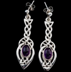 Celtic Knot Leaf Purple Amethyst Long Sterling Silver Drop Earrings