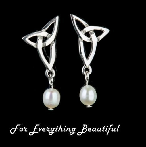 Image 0 of Celtic Knotwork Trinity Knot Twist Freshwater Pearl Sterling Silver Earrings