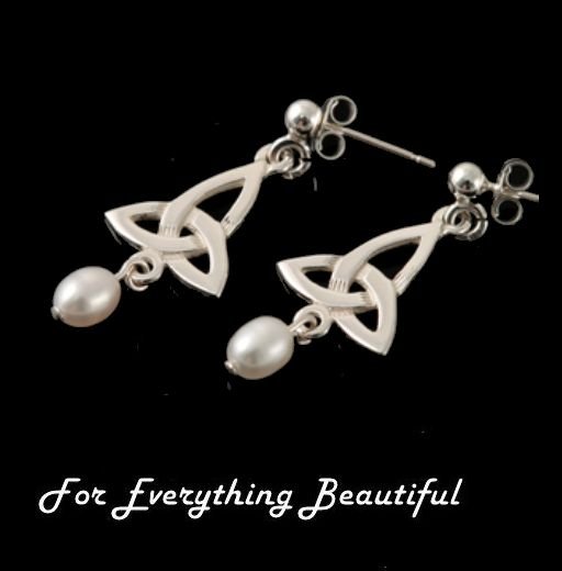 Image 0 of Celtic Knotwork Trinity Knot Freshwater Pearl Sterling Silver Earrings