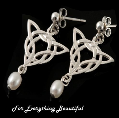 Image 0 of Celtic Knotwork Triangular Motif Freshwater Pearl Sterling Silver Earrings
