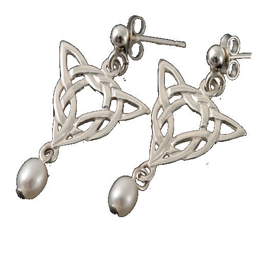 Image 1 of Celtic Knotwork Triangular Motif Freshwater Pearl Sterling Silver Earrings