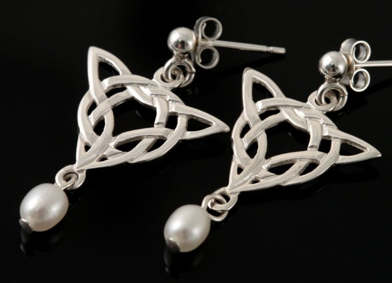 Image 2 of Celtic Knotwork Triangular Motif Freshwater Pearl Sterling Silver Earrings
