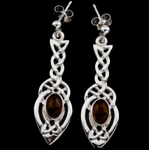 Image 0 of Celtic Knotwork Leaf Smokey Quartz Drop Sterling Silver Earrings