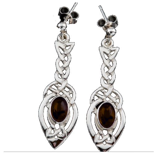 Image 1 of Celtic Knotwork Leaf Smokey Quartz Drop Sterling Silver Earrings
