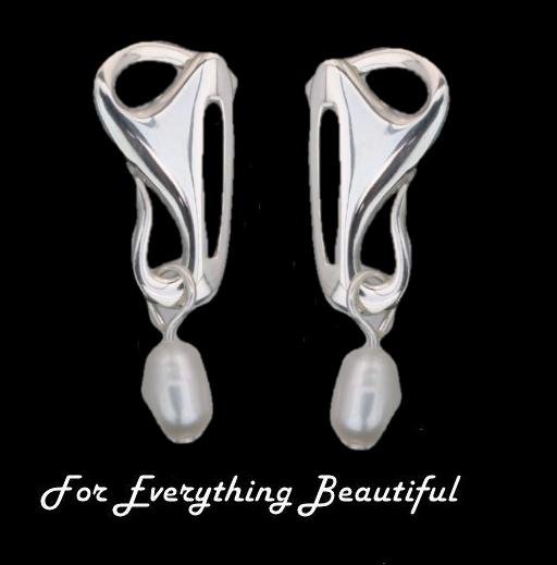 Image 0 of Art Nouveau Trumpet with Pearl Sterling Silver Drop Earrings